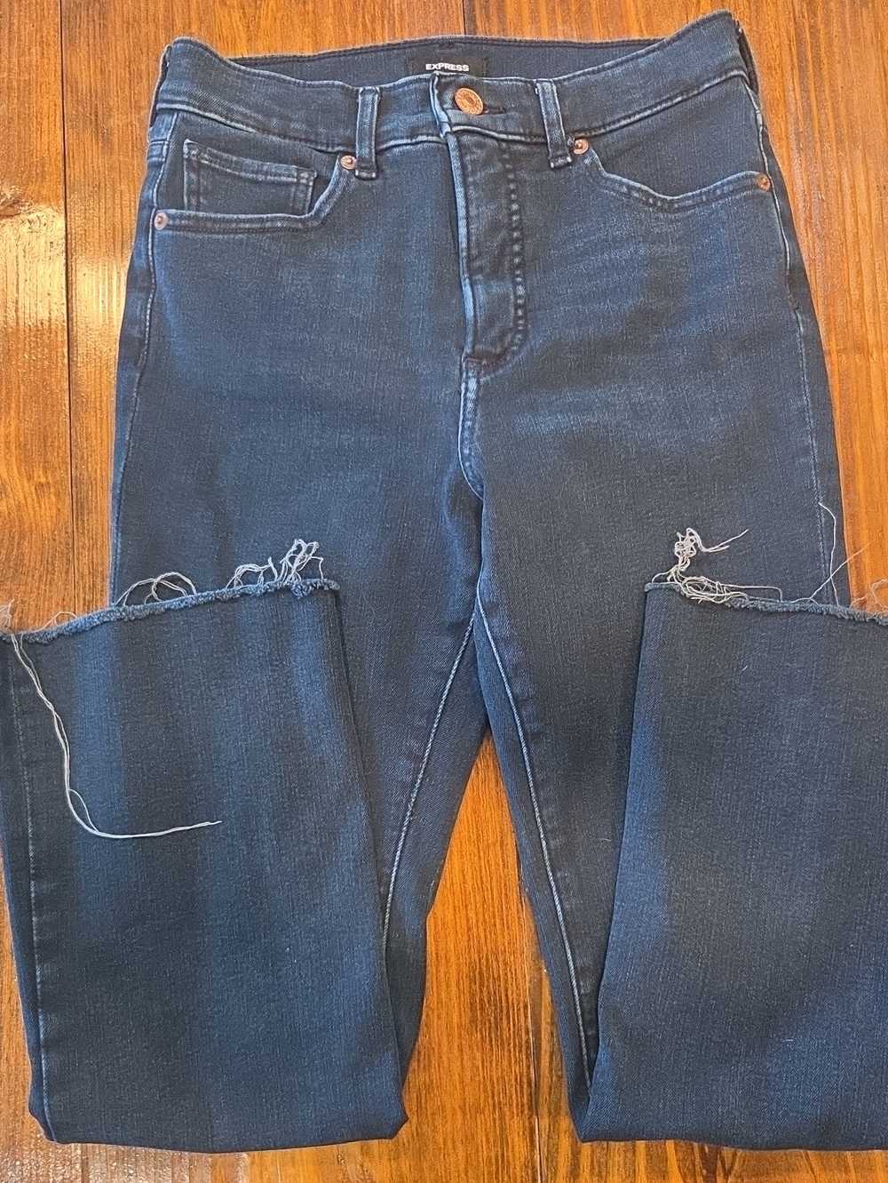 Express Dark Blue High-Rise Cropped Jeans with Frayed Flare Hem
